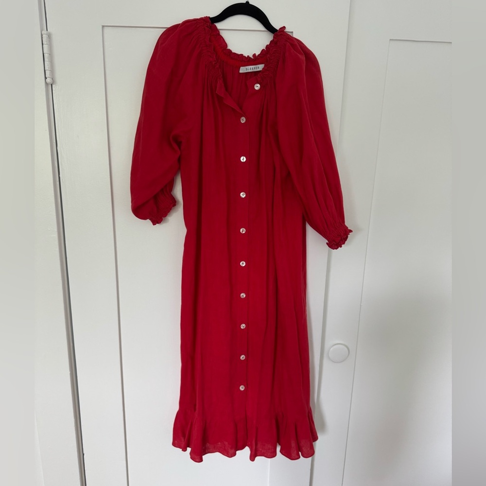 Sleeper Red Linen Long Sleeve Button-Down Blouse